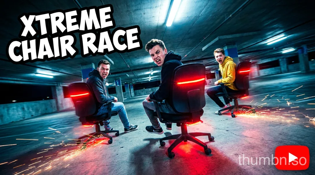AI-generated thumbnail headlined "$100,000 chair race"