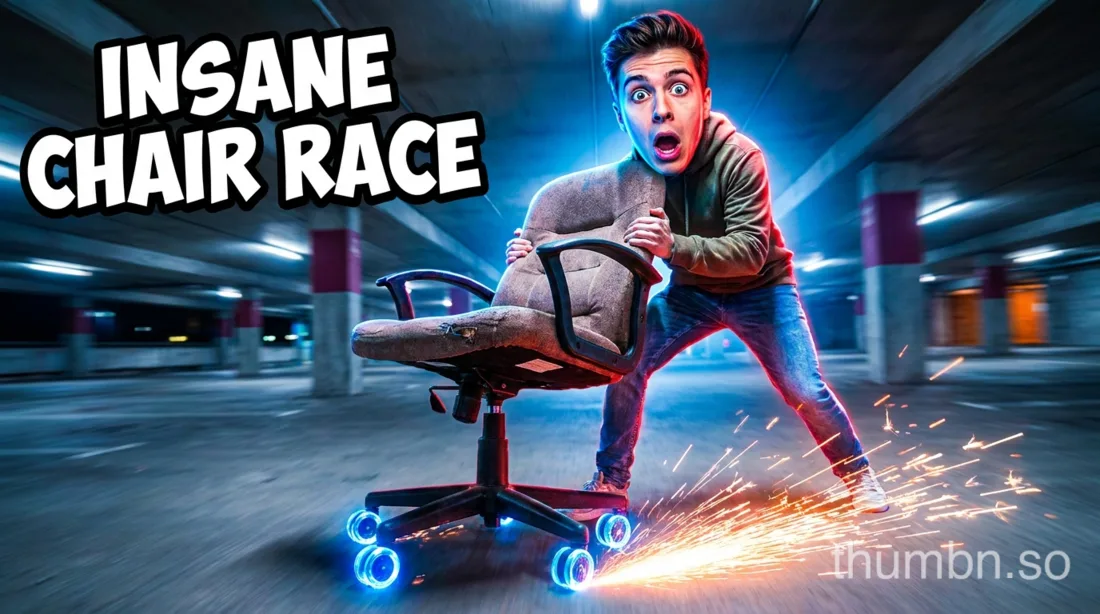 AI-generated YouTube thumbnail for a video about an office chair race, headlined "Insane chair race"